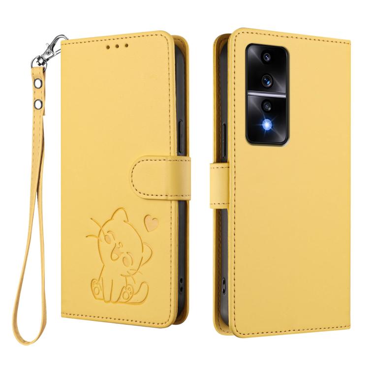 For Honor 80 GT Embossed Heart Cat Leather Phone Case with Hand Strap