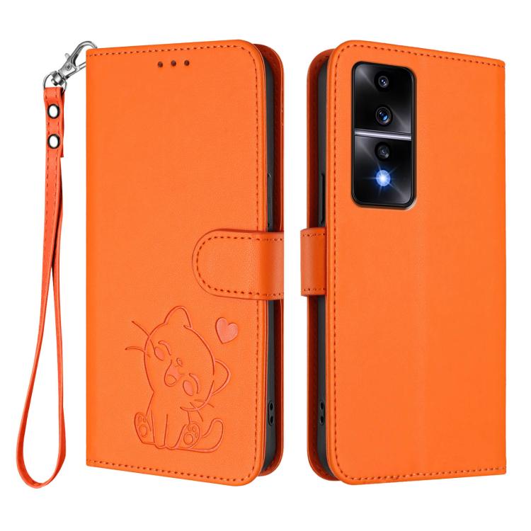 For Honor 80 GT Embossed Heart Cat Leather Phone Case with Hand Strap