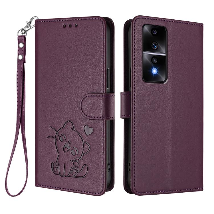 For Honor 80 GT Embossed Heart Cat Leather Phone Case with Hand Strap