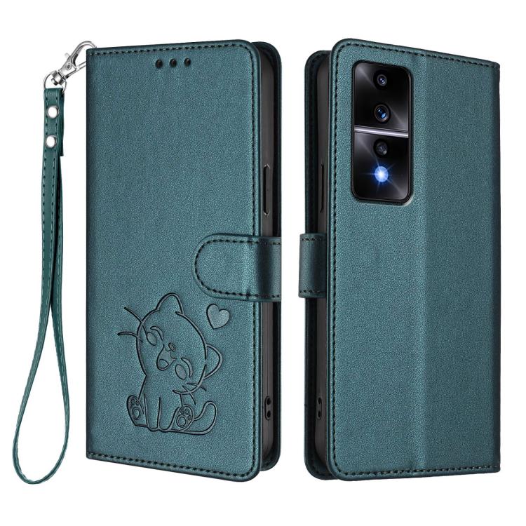 For Honor 80 GT Embossed Heart Cat Leather Phone Case with Hand Strap