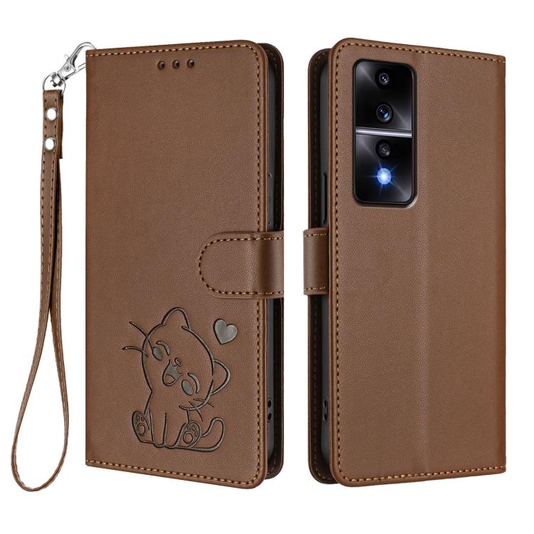 For Honor 80 GT Embossed Heart Cat Leather Phone Case with Hand Strap