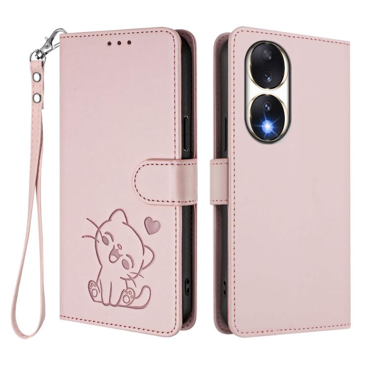 For Honor 90 Embossed Heart Cat Leather Phone Case with Hand Strap