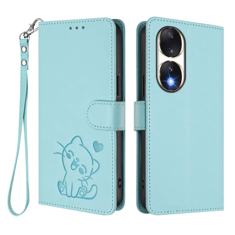 For Honor 90 Embossed Heart Cat Leather Phone Case with Hand Strap