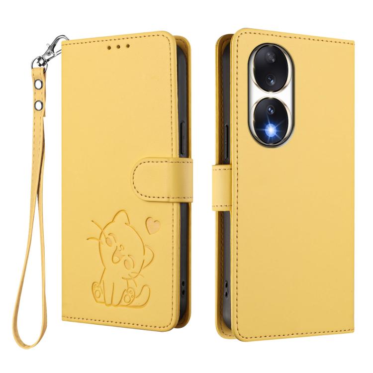 For Honor 90 Embossed Heart Cat Leather Phone Case with Hand Strap