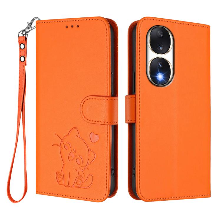 For Honor 90 Embossed Heart Cat Leather Phone Case with Hand Strap