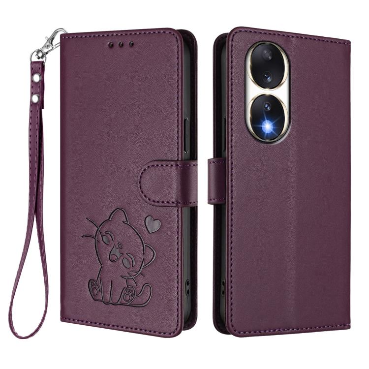 For Honor 90 Embossed Heart Cat Leather Phone Case with Hand Strap