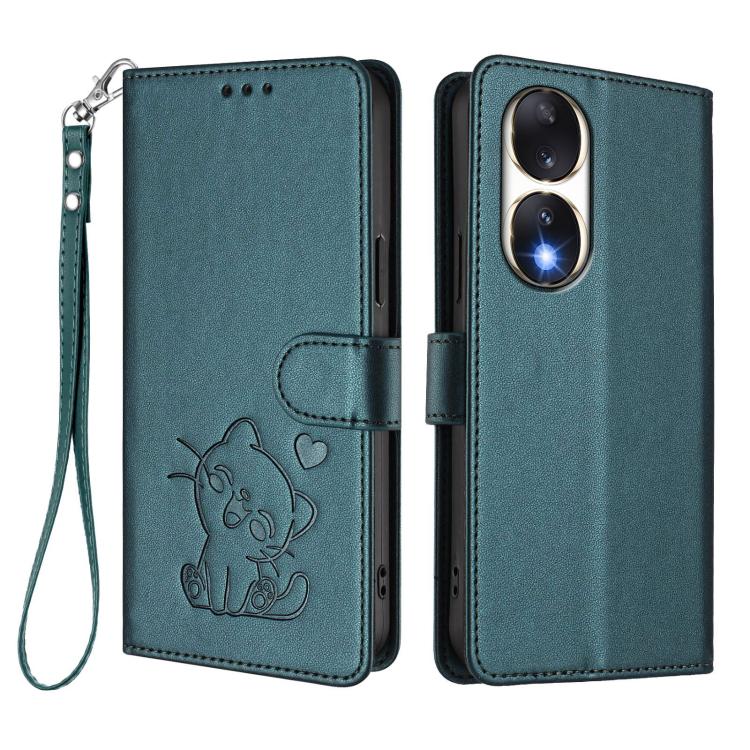 For Honor 90 Embossed Heart Cat Leather Phone Case with Hand Strap