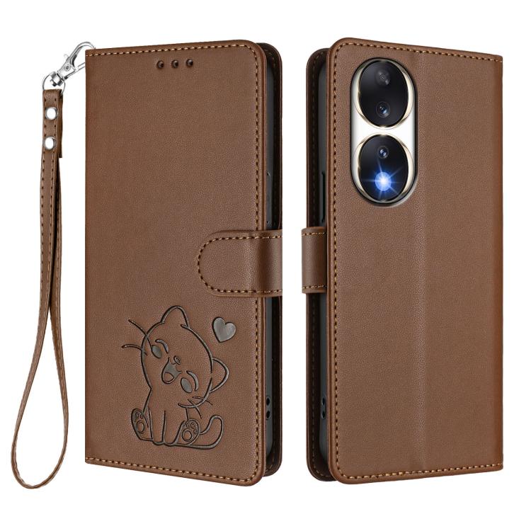 For Honor 90 Embossed Heart Cat Leather Phone Case with Hand Strap