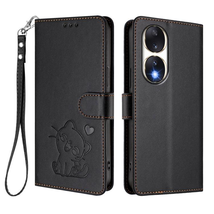 For Honor 90 Embossed Heart Cat Leather Phone Case with Hand Strap