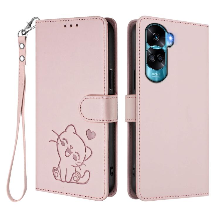 For Honor 90 Lite / Honor X50i Embossed Heart Cat Leather Phone Case with Hand Strap