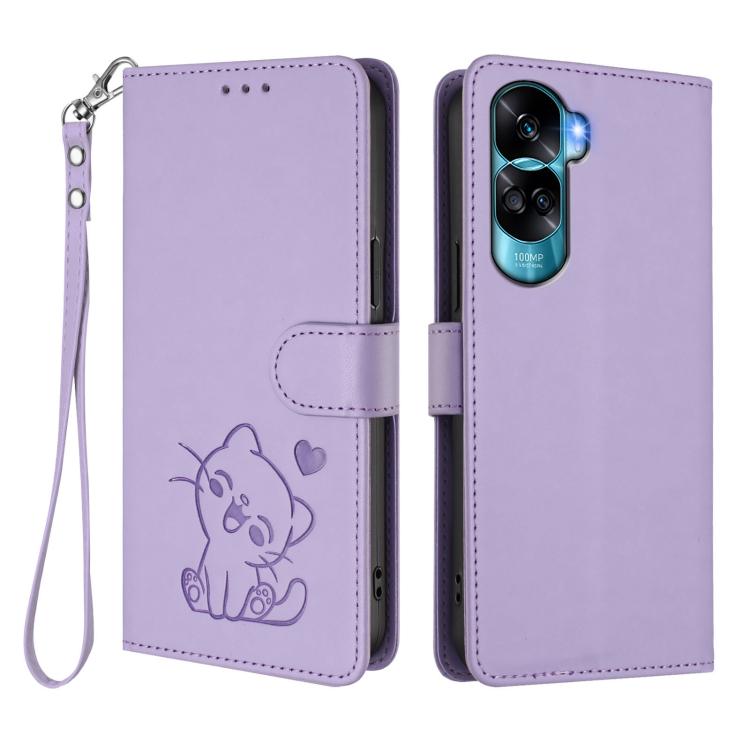 For Honor 90 Lite / Honor X50i Embossed Heart Cat Leather Phone Case with Hand Strap