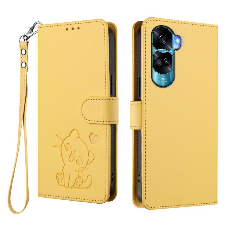 For Honor 90 Lite / Honor X50i Embossed Heart Cat Leather Phone Case with Hand Strap