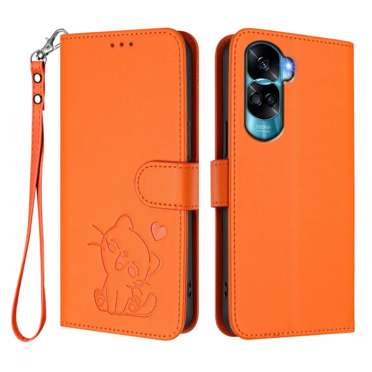 For Honor 90 Lite / Honor X50i Embossed Heart Cat Leather Phone Case with Hand Strap