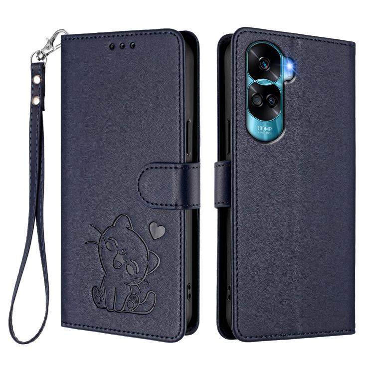 For Honor 90 Lite / Honor X50i Embossed Heart Cat Leather Phone Case with Hand Strap