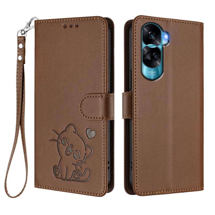 For Honor 90 Lite / Honor X50i Embossed Heart Cat Leather Phone Case with Hand Strap