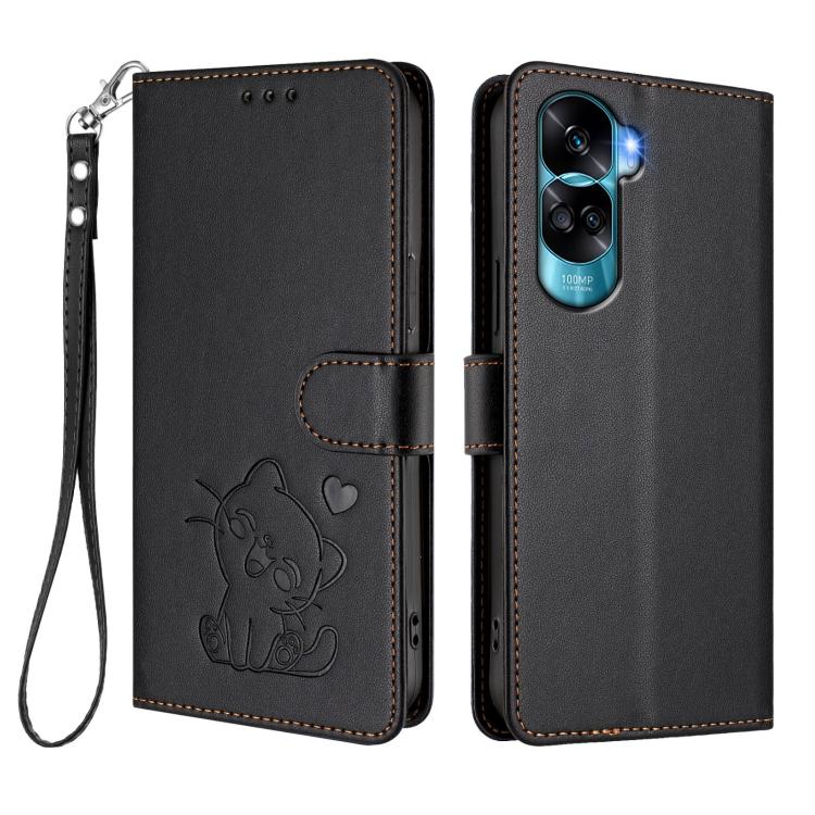 For Honor 90 Lite / Honor X50i Embossed Heart Cat Leather Phone Case with Hand Strap