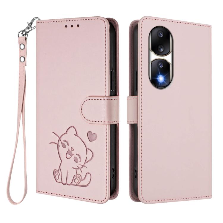 For Honor 90 Pro Embossed Heart Cat Leather Phone Case with Hand Strap