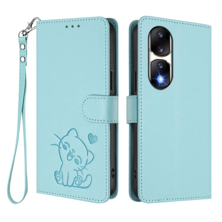 For Honor 90 Pro Embossed Heart Cat Leather Phone Case with Hand Strap