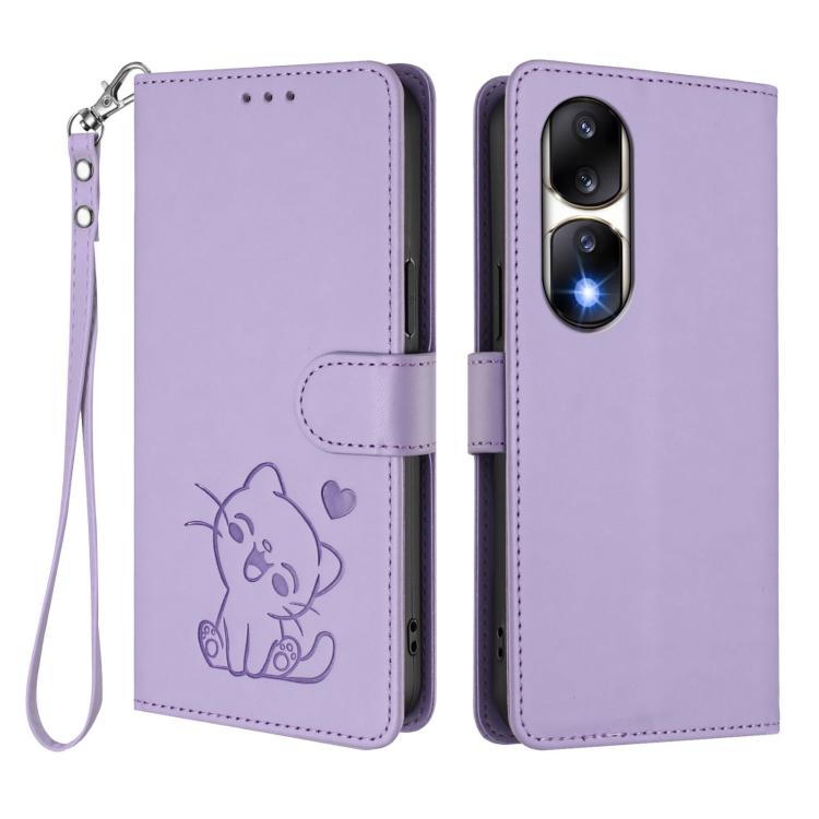 For Honor 90 Pro Embossed Heart Cat Leather Phone Case with Hand Strap