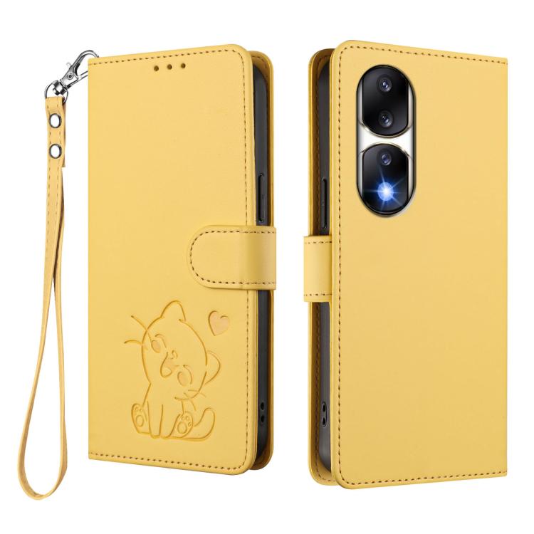 For Honor 90 Pro Embossed Heart Cat Leather Phone Case with Hand Strap