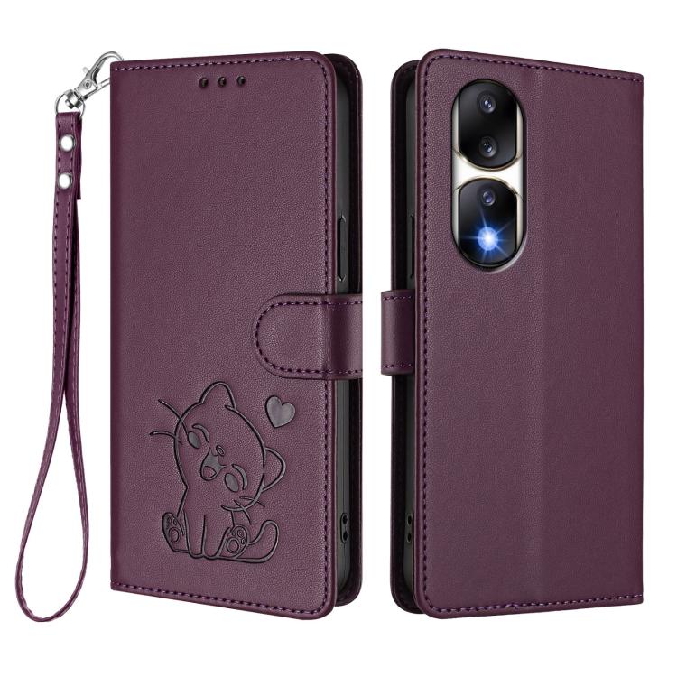 For Honor 90 Pro Embossed Heart Cat Leather Phone Case with Hand Strap