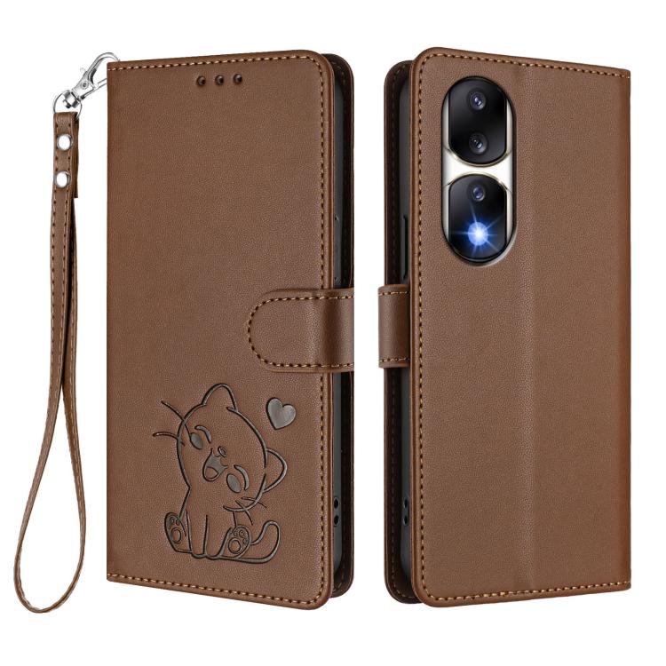 For Honor 90 Pro Embossed Heart Cat Leather Phone Case with Hand Strap