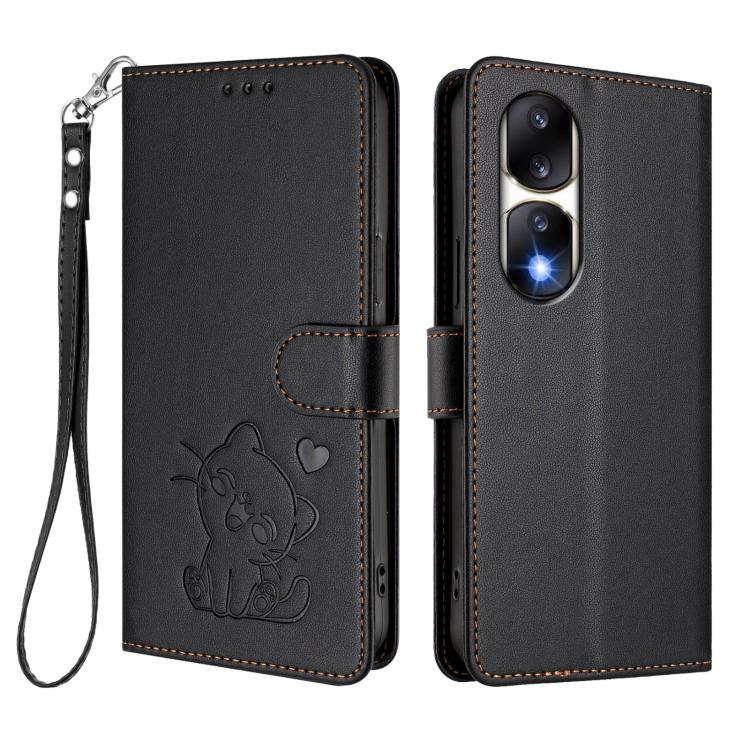 For Honor 90 Pro Embossed Heart Cat Leather Phone Case with Hand Strap