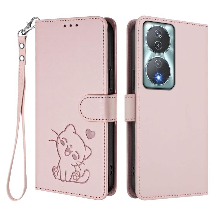 For Honor 90 Smart / X7b 4G / 5G / Play 8T Embossed Heart Cat Leather Phone Case with Hand Strap