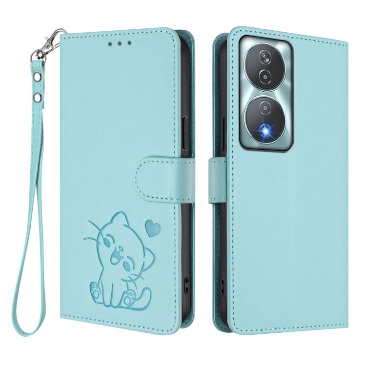 For Honor 90 Smart / X7b 4G / 5G / Play 8T Embossed Heart Cat Leather Phone Case with Hand Strap