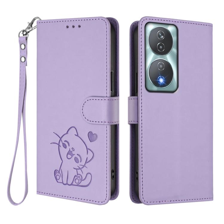For Honor 90 Smart / X7b 4G / 5G / Play 8T Embossed Heart Cat Leather Phone Case with Hand Strap