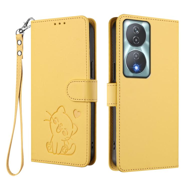 For Honor 90 Smart / X7b 4G / 5G / Play 8T Embossed Heart Cat Leather Phone Case with Hand Strap