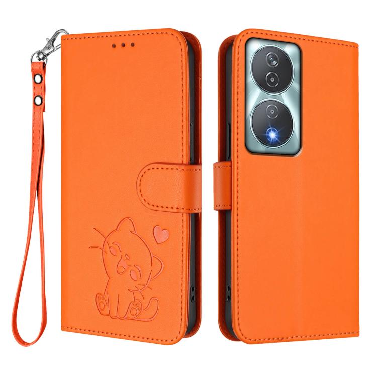 For Honor 90 Smart / X7b 4G / 5G / Play 8T Embossed Heart Cat Leather Phone Case with Hand Strap