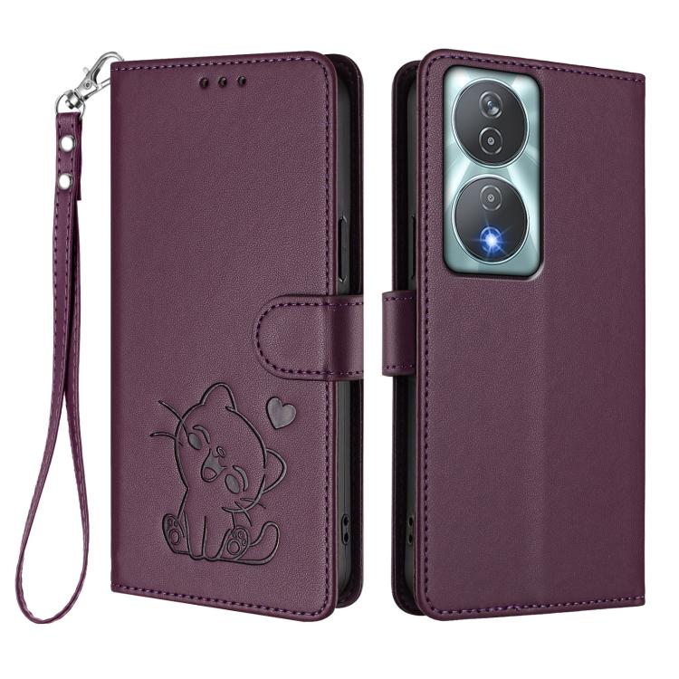 For Honor 90 Smart / X7b 4G / 5G / Play 8T Embossed Heart Cat Leather Phone Case with Hand Strap