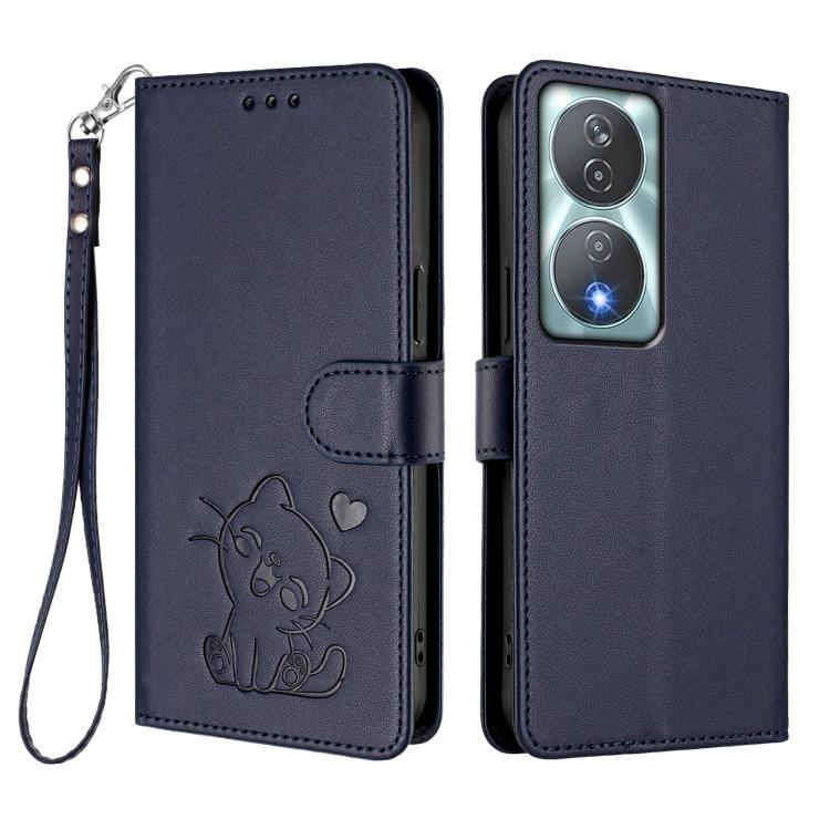 For Honor 90 Smart / X7b 4G / 5G / Play 8T Embossed Heart Cat Leather Phone Case with Hand Strap
