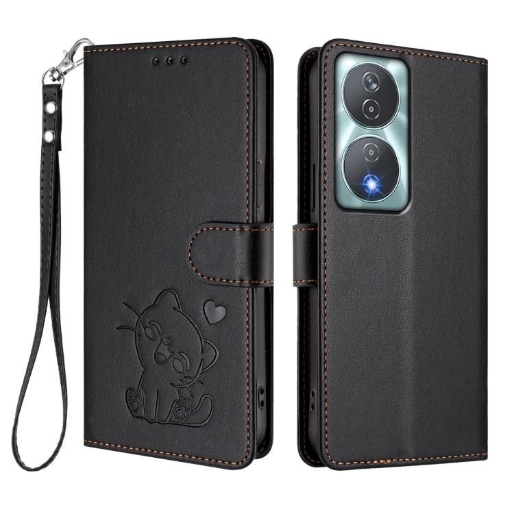 For Honor 90 Smart / X7b 4G / 5G / Play 8T Embossed Heart Cat Leather Phone Case with Hand Strap