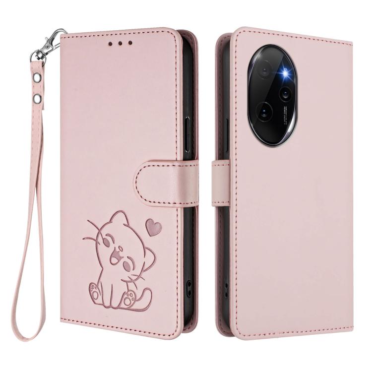 For Honor 100 Pro Embossed Heart Cat Leather Phone Case with Hand Strap