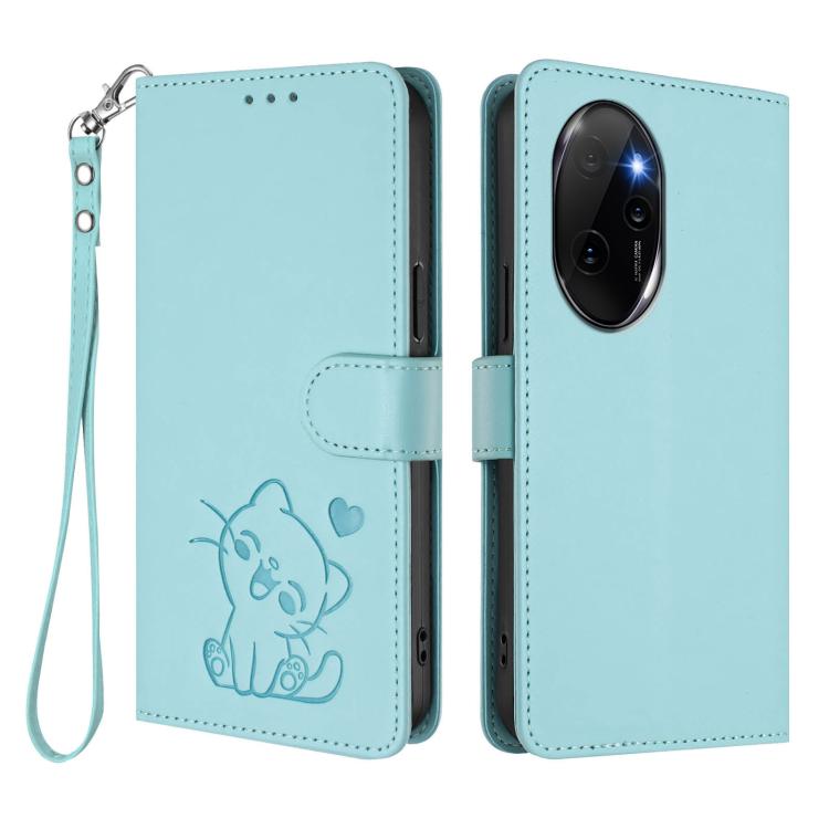 For Honor 100 Pro Embossed Heart Cat Leather Phone Case with Hand Strap