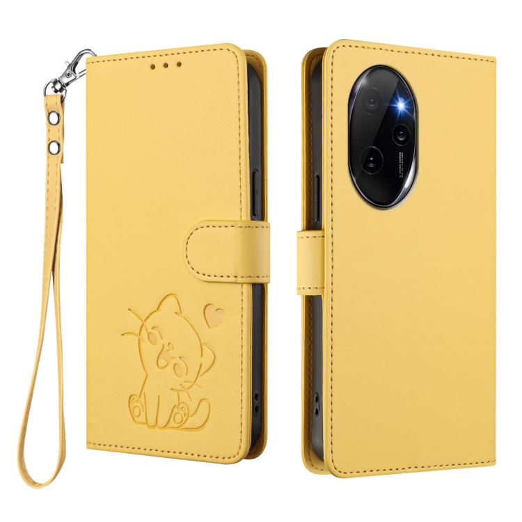 For Honor 100 Pro Embossed Heart Cat Leather Phone Case with Hand Strap