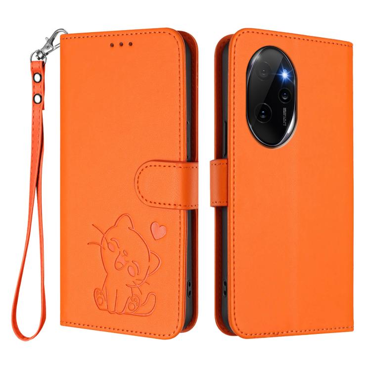 For Honor 100 Pro Embossed Heart Cat Leather Phone Case with Hand Strap