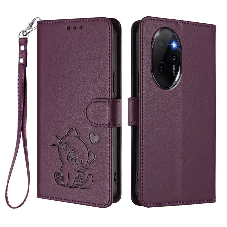 For Honor 100 Pro Embossed Heart Cat Leather Phone Case with Hand Strap
