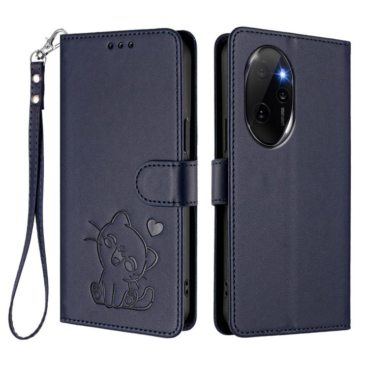 For Honor 100 Pro Embossed Heart Cat Leather Phone Case with Hand Strap