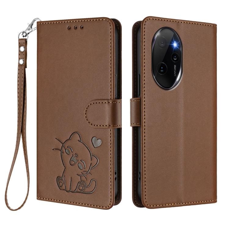For Honor 100 Pro Embossed Heart Cat Leather Phone Case with Hand Strap