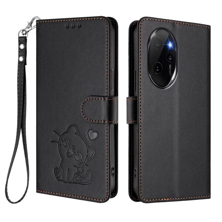 For Honor 100 Pro Embossed Heart Cat Leather Phone Case with Hand Strap