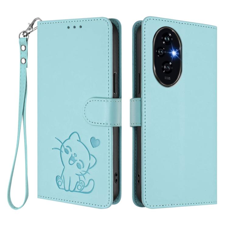 For Honor 200 Embossed Heart Cat Leather Phone Case with Hand Strap