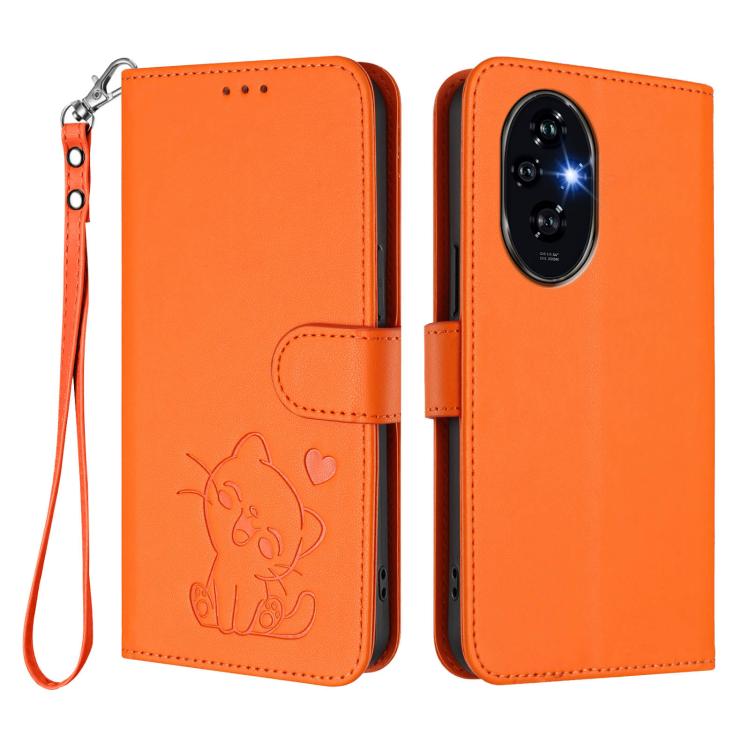 For Honor 200 Embossed Heart Cat Leather Phone Case with Hand Strap
