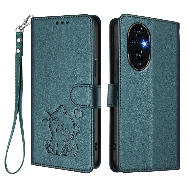 For Honor 200 Embossed Heart Cat Leather Phone Case with Hand Strap