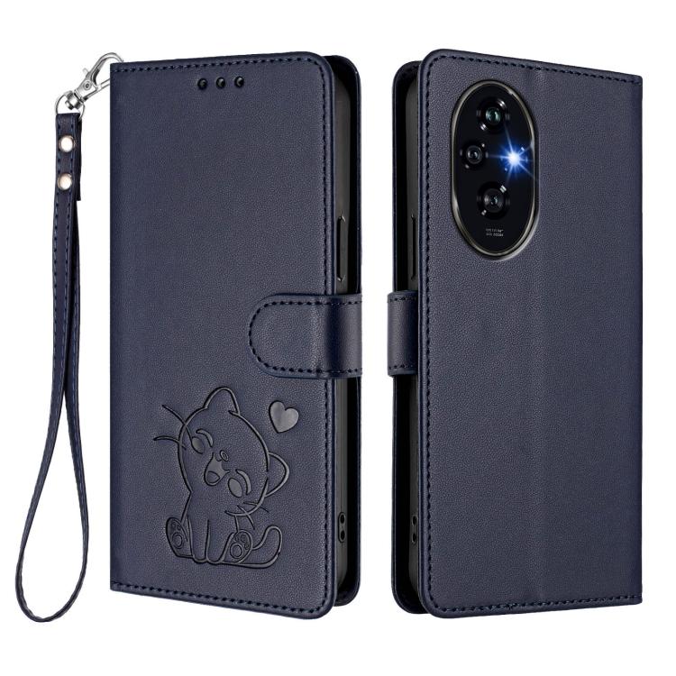 For Honor 200 Embossed Heart Cat Leather Phone Case with Hand Strap