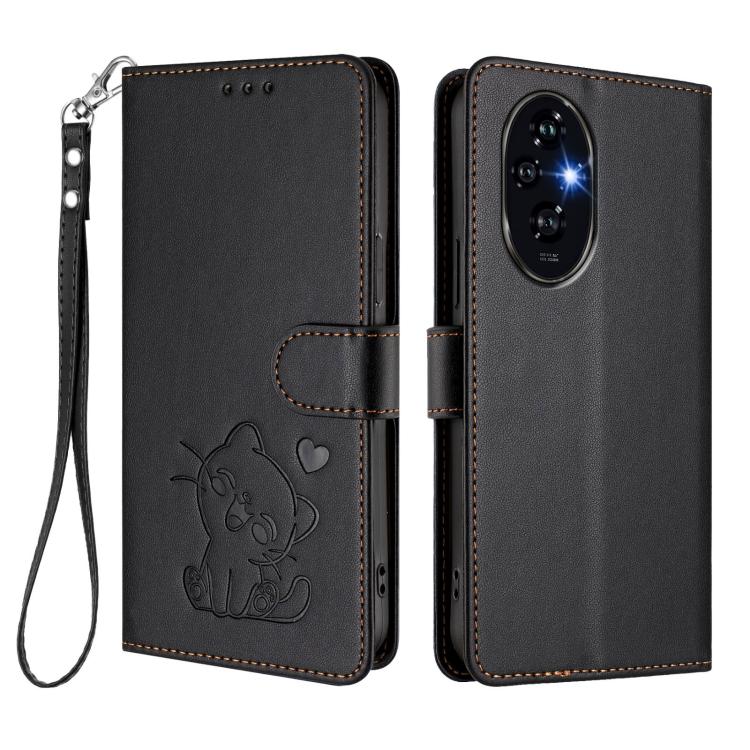 For Honor 200 Embossed Heart Cat Leather Phone Case with Hand Strap