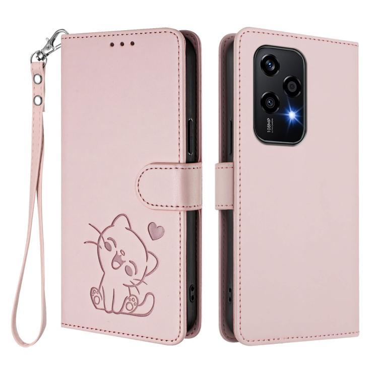 For Honor 200 Lite Global Embossed Heart Cat Leather Phone Case with Hand Strap