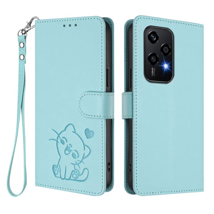 For Honor 200 Lite Global Embossed Heart Cat Leather Phone Case with Hand Strap